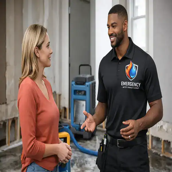 Water Damage in white uniform talking with a woman at her home.